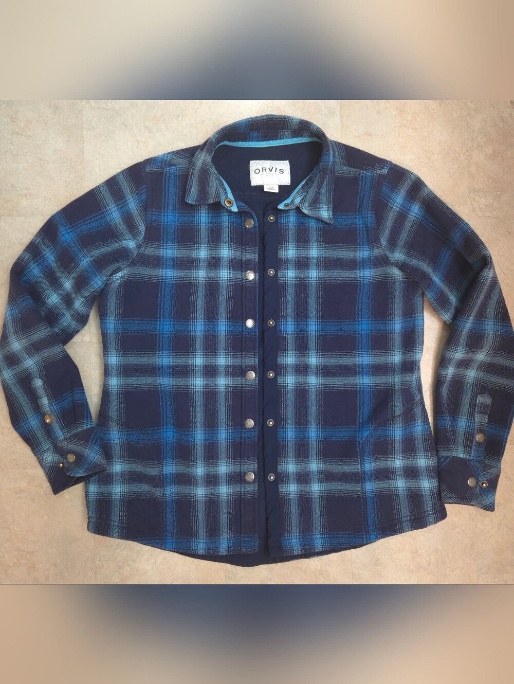 Orvis Men's Blue Plaid Snap-Front Fleece Lined Flannel Shirt